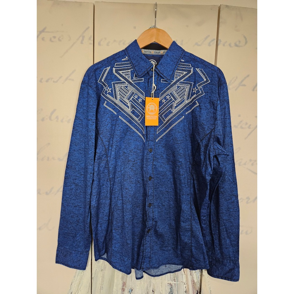 American Fighter Mens Sequence Blue Space Dye Button Down Shirt Large